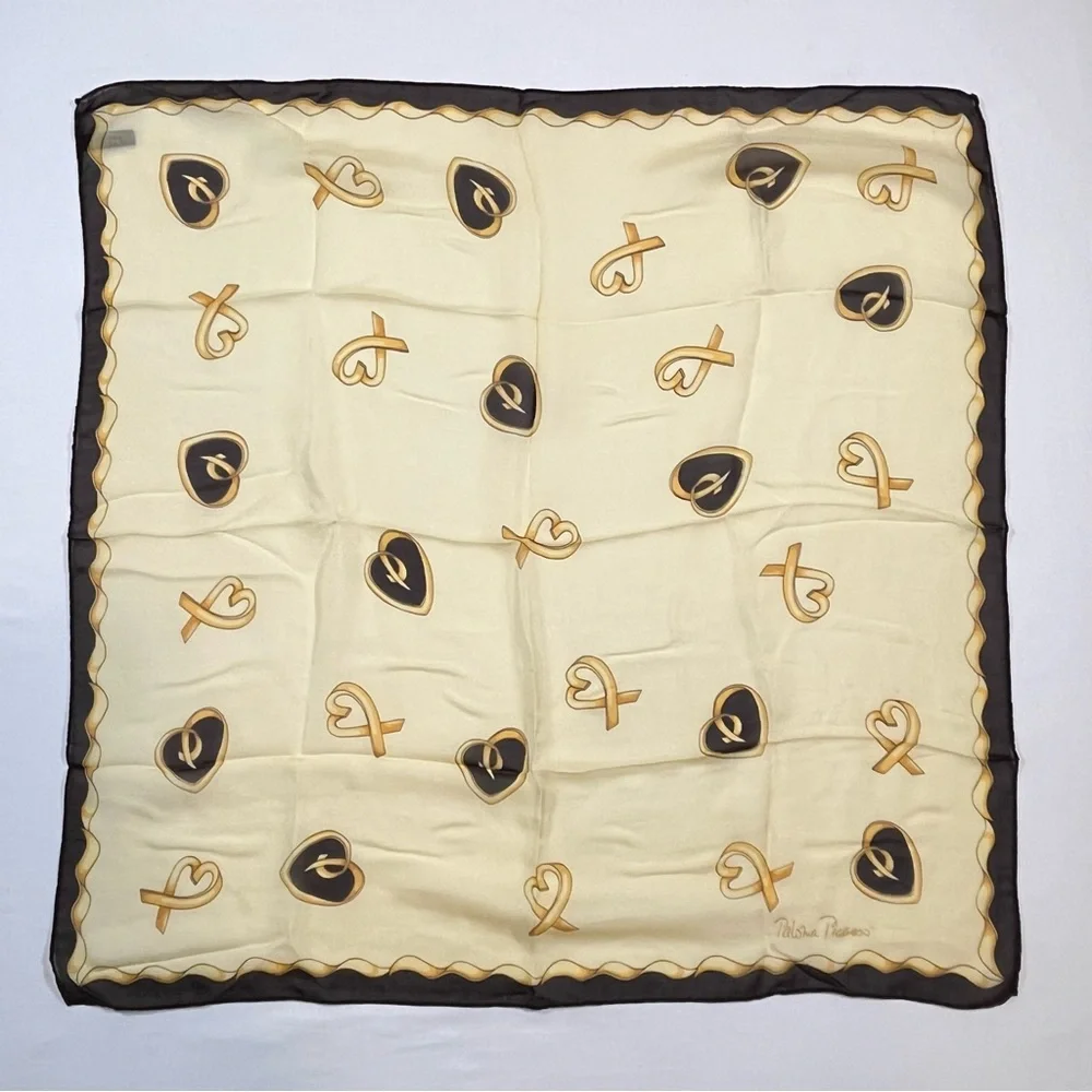 Paloma Picasso Vintage Made In Italy ”Hugs & Kisses” Silk Scarf Yellow & Brown